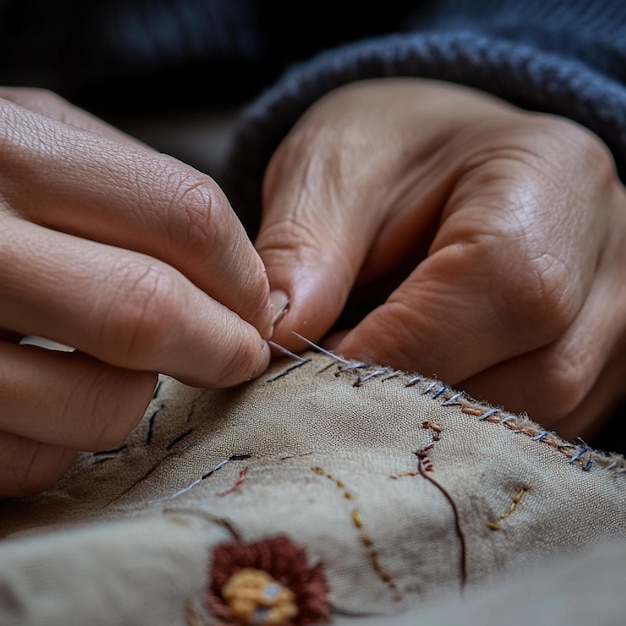 Ręce haftujące kwiatowy wzór